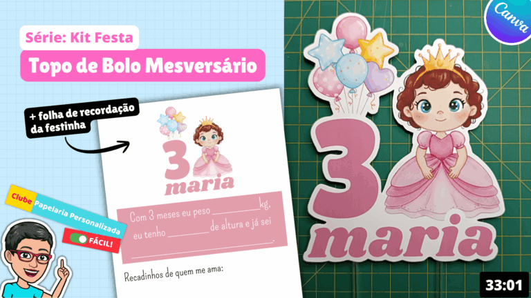 topo de bolo mesversário clube papelaria personalizada fácil curso para iniciantes passo a passo no canva gratuito kit festa personalizado